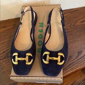 Boden Navy Suede Slingback Flats with Gold Hardware